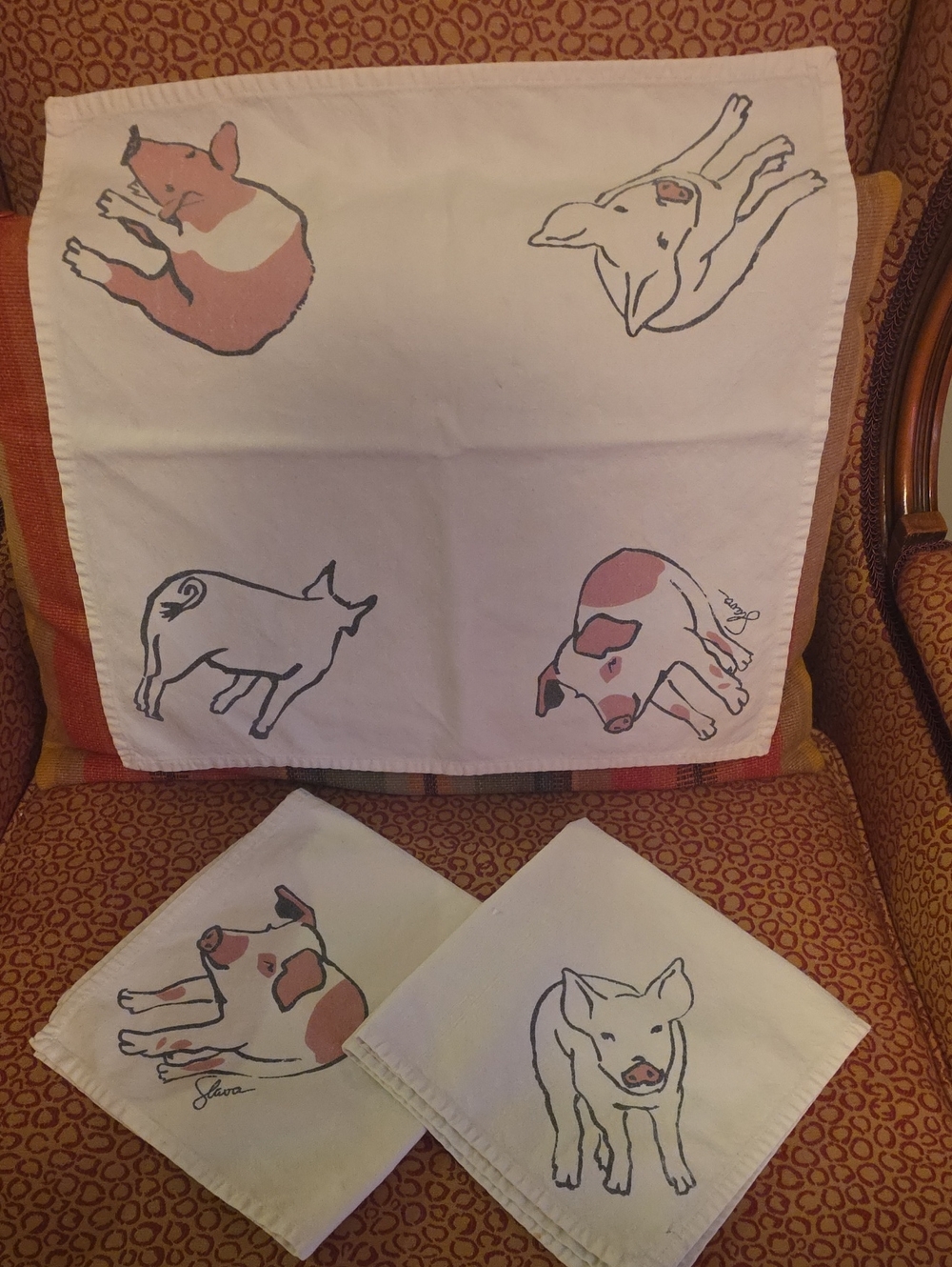 Pig Print Linen Napkin Set - Pink and Black Pig Illustrations